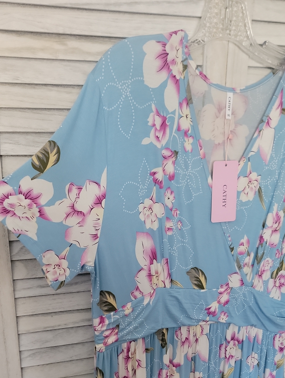 Light Blue And Purple Floral Maxi Dress - V-Neck Women’s Dress With Pockets - Picture 5 of 15